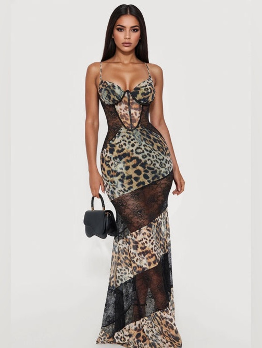Leopard Print Lace Panel Maxi Dress - Brown